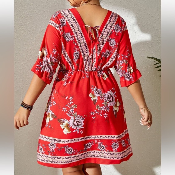 Boho Plus Size Floral Print Tie Back Dress Navy Blue - Picture 11 of 14